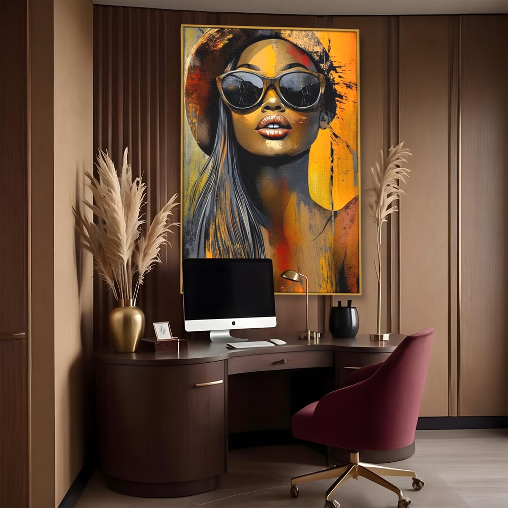 Tablou canvas cu tablou canvas cu portret de femeie ochelari de soare, in rama de aluminiu auriu, pe perete intr-un birou